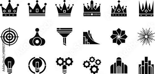 Abstract and symbolic icons set, innovation and data visualization concept, cad drawing flat vector illustration, black and white design