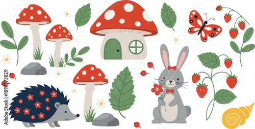 Cute forest fairy garden illustration set with rabbit hedgehog mushrooms strawberry plants butterfly and magical woodland elements