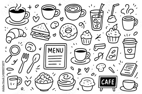 hand drawn doodle vector set of café menu icons illustrated in a fun, sketchy, and playful style isolated on white background
