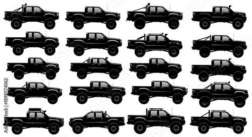 Collection of black pickup truck silhouettes isolated on white background.