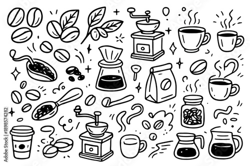 hand drawn doodle vector set of coffee beans, grinders, and brewing tools illustrated in a fun and playful style isolated on white background
