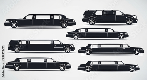 Collection of Black Limousine Cars in Silhouette Style.