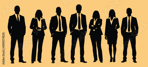 Diverse group of business professionals standing together in silhouette against a white background