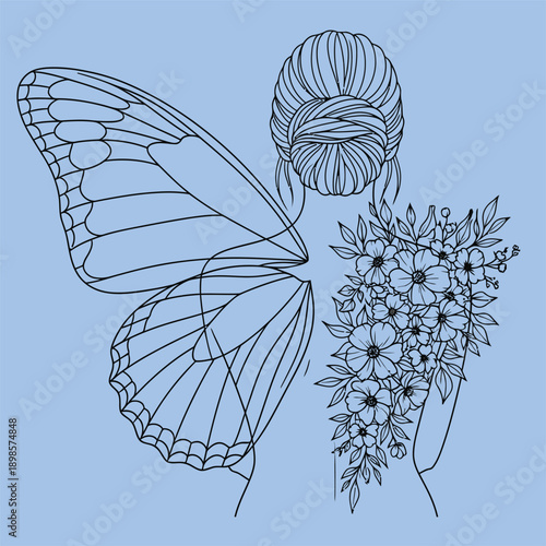 Artistic line drawing of a humanoid figure with butterfly wings and floral embellishments