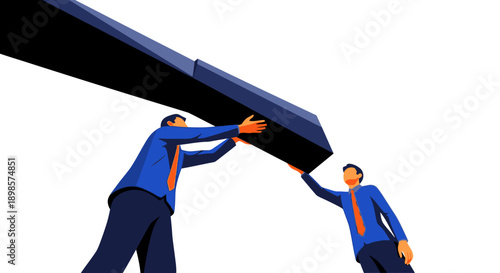 Business Teamwork and Collaboration. Two men jointly lifting a heavy beam, symbolizing shared effort, burden, support, partnership, and corporate strength.