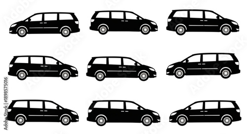 Collection of Black Minivan Silhouettes Isolated on White Background.