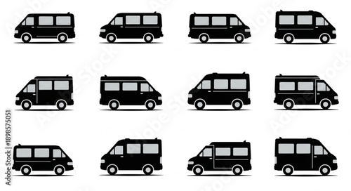 Collection of black minivan icons in different angles.