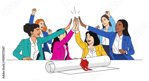Diverse Business Women Team High-Fiving and Celebrating Success. Female professionals cheering victory with signed certificate document.