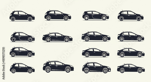 Collection of black modern hatchback cars in different angles.