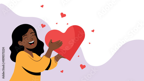 Modern flat vector illustration of happy woman holding red heart, self love and valentines concept, minimal pastel background with copy space, perfect for greeting cards, social media banners.