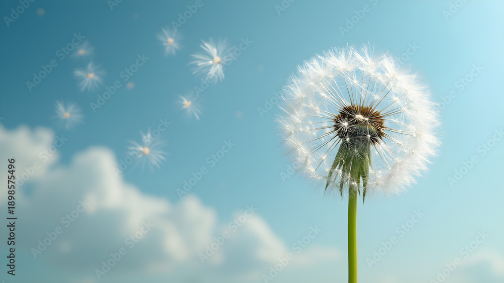 Obraz premium Fluffy dandelion seeds in ultra realistic view. Beautiful dandelion seeds against blue sky. Nature photography of dandelions. Close-up of dandelion seeds drifting.