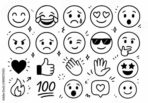 hand drawn doodle vector set of emojis, reactions, and expressive faces illustrated in a fun and playful style isolated on white background
