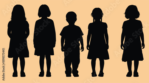 Silhouettes of five children standing together in a line