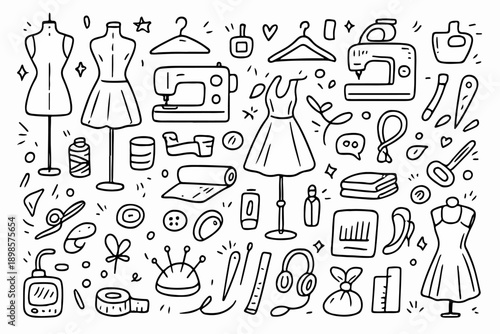 hand drawn doodle vector set of fashion design tools illustrated in a creative and playful style isolated on white background
