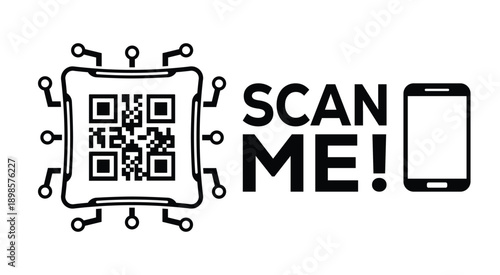 Black and white QR code with bold "SCAN ME!" text and smartphone icon, designed for modern marketing, digital access, and mobile interaction on a clean white background.