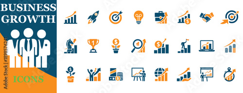 Editable Business Growth Icons Set. Vector Symbols for Finance, Strategy, Success, Marketing and Startup. Chart, Rocket, Target and Money Elements.