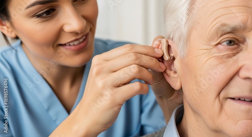 Nurse assisting senior man with hearing aid in a clinical setting with care