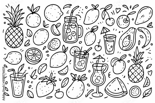 hand drawn doodle vector set of fruits, tropical drinks, and party beverages illustrated in a fun and playful style isolated on white background
