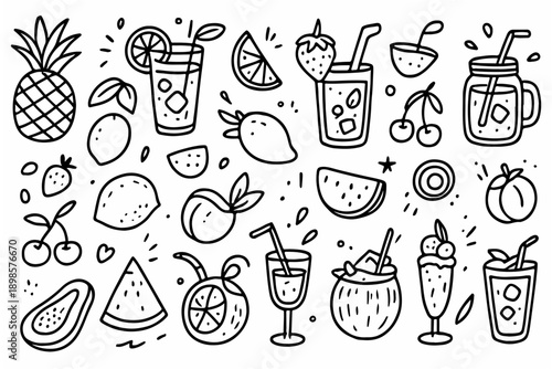 hand drawn doodle vector set of fruits, tropical drinks, and party beverages illustrated in a fun and playful style isolated on white background
