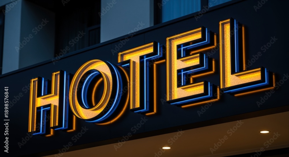Obraz premium Illuminated Hotel Sign at Night, Welcoming Travelers and Guests, Showcasing Hospitality and Accommodation Services