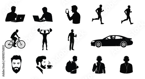 Silhouettes of people engaging in various daily activities and transportation