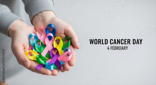 Hands holding colorful ribbons representing hope and awareness for world cancer day.
World Cancer Day awareness concept, hands holding cancer ribbon, global health support illustration.
World Cancer

