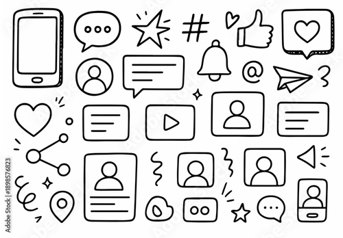 hand drawn doodle vector set of general social media elements illustrated in a fun and playful style isolated on white background
