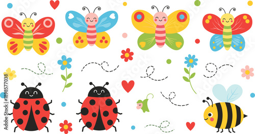 Cute cartoon garden insect vector set with smiling butterflies ladybugs and bumblebee isolated on white background for children design