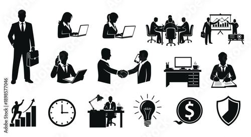 Business and finance black icons set including people working office money technology teamwork and security symbols