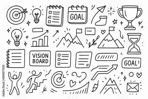 hand drawn doodle vector set of goal setting, progress tracking, and productivity elements illustrated in a fun and motivational style isolated on white background
