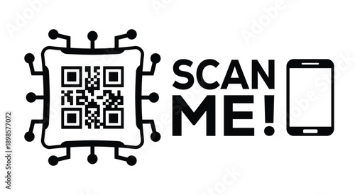 Black and white QR code with bold "SCAN ME!" text and smartphone icon, designed for modern marketing, digital access, and mobile interaction on a clean white background.