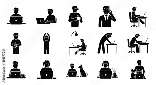 Various office workers with laptops and computers in different work environments and positions