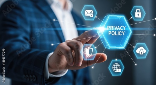 Wallpaper Mural Privacy Policy Concept: Businessman Touching Digital Interface with Security Icons, Data Protection and Cyber Security Torontodigital.ca