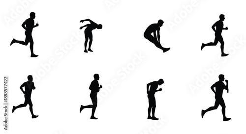 Collection of eight black silhouettes of people running exercising and stretching on white background for fitness and sports concepts
