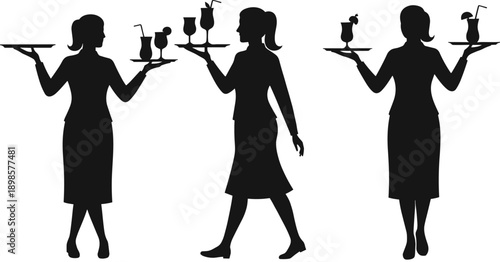 Black silhouette of waitress carrying trays with cocktail drinks and glasses isolated on white background for restaurant and catering design