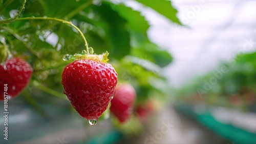 Close-up of ripe strawberries growing on plant with water droplets in commercial greenhouse, agriculture concept