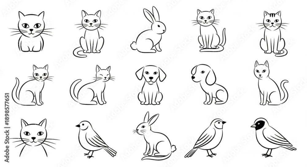 Obraz premium Collection of adorable cats, dogs, rabbits, and birds illustrations