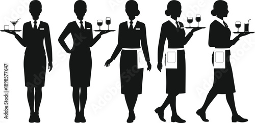 Black silhouette set of professional waitresses in formal uniforms with ties carrying wine trays isolated on white background for restaurant design