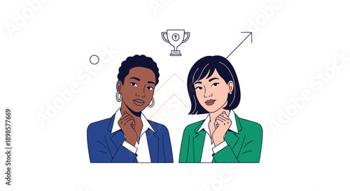 Professional Diverse Teamwork and Success Illustration: Two Businesswomen with Trophy and Career Growth Graph