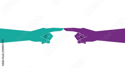Vector Hands Connecting Fingers. Abstract Teal and Purple Design Symbolizing Partnership, Contact, and Digital Communication.