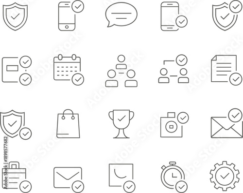 Comprehensive Collection of Verification Line Icons Featuring Checkmarks Secure Shields Validated Documents Mobile Approval Message Confirmation Success Symbols