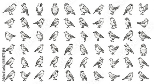 Detailed black and white illustrations of various bird species