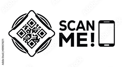 Black and white QR code with bold "SCAN ME!" text and smartphone icon, designed for modern marketing, digital access, and mobile interaction on a clean white background.