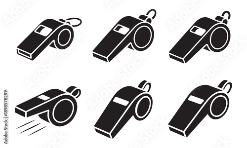 Black Whistle Icons Set for Sports, Referee, Coach, or Security Applications in Flat Vector Style.