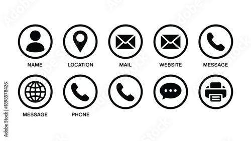 Black and white contact icons for communication and information name