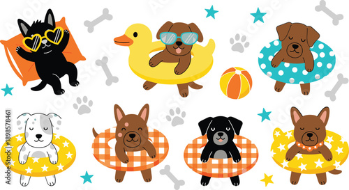 Cute pets swimming set with dogs and cat in inflatable rings summer vacation cartoon illustration collection