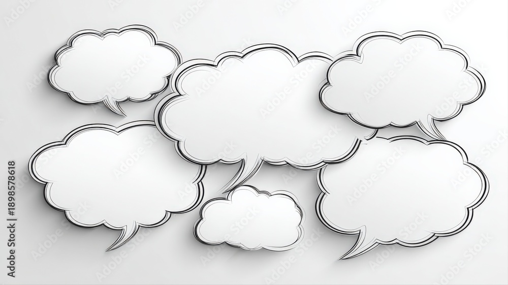 Fototapeta premium Creative Cloud Speech Bubbles on White Background for Text Insertion, Communication and Social Interaction