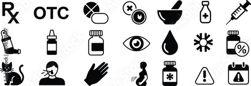 Allergy, pharmacy, and medication icons including Rx, OTC, inhaler, pills, syringe, eye drop, allergen, pregnancy, and warnings