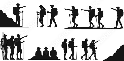 Set of black silhouettes of hikers and trekkers walking and pointing toward mountains isolated on white background for adventure travel design