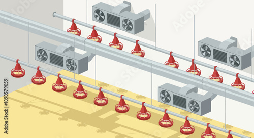 Automated poultry farm feeding system with drinkers and fans.